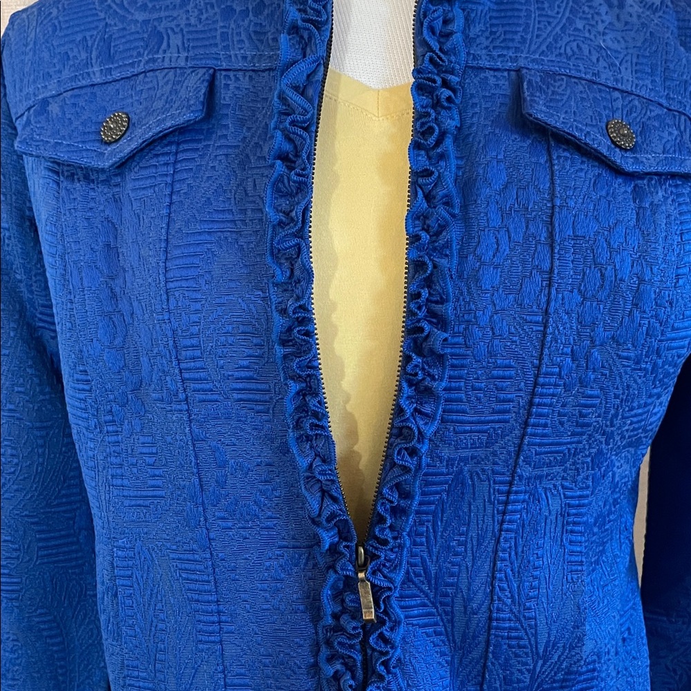 Ruby Rd. Vibrant Blue Ruffle-Trim Textured Jacket - Picture 3 of 7